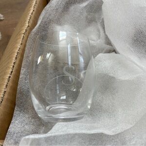 Personalized “S” Mark & Graham teardrop stemless small wineglasses- set of 4